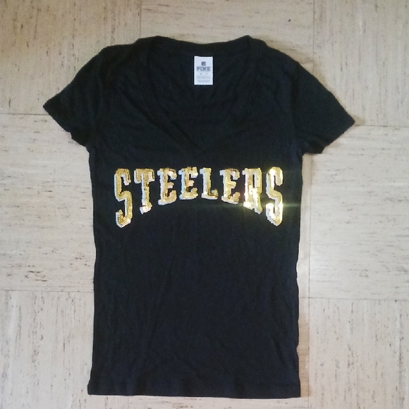 Pink Victoria Secret Black Steelers T-Shirt with Gold Lettering - Picture 1 of 3
